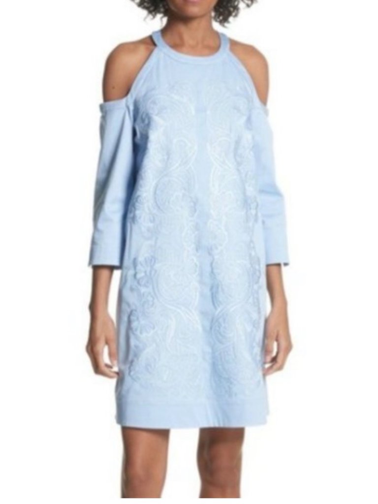 Nwt Ted Baker London Jettas Embroidered Cold Shoulder Dress In Baby Blue. Size 4